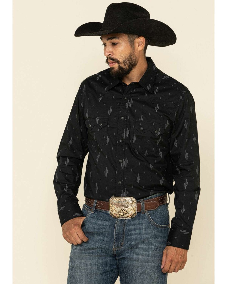 Shirts Rock & Roll Denim | Rock & Roll Denim Men'S Black Cactus Geo Print Long Sleeve Western Shirt Discount