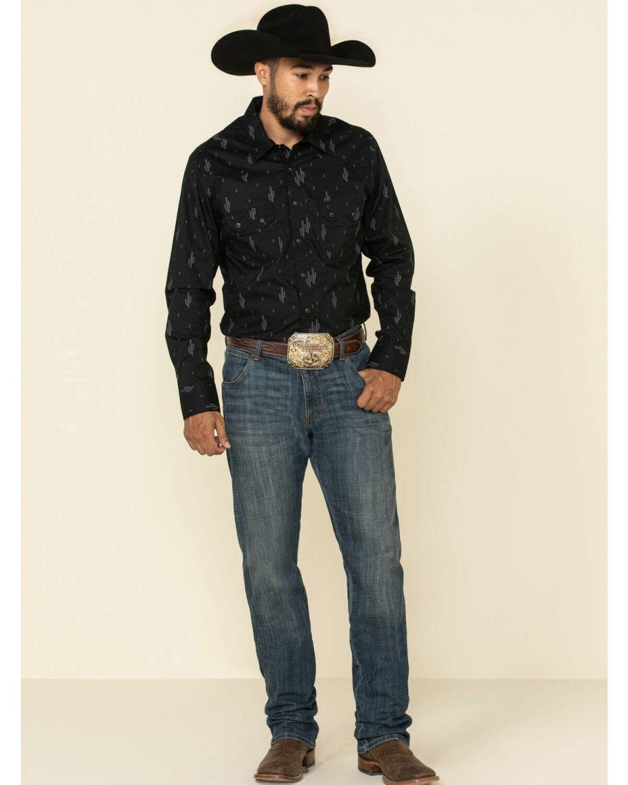 Shirts Rock & Roll Denim | Rock & Roll Denim Men'S Black Cactus Geo Print Long Sleeve Western Shirt Discount