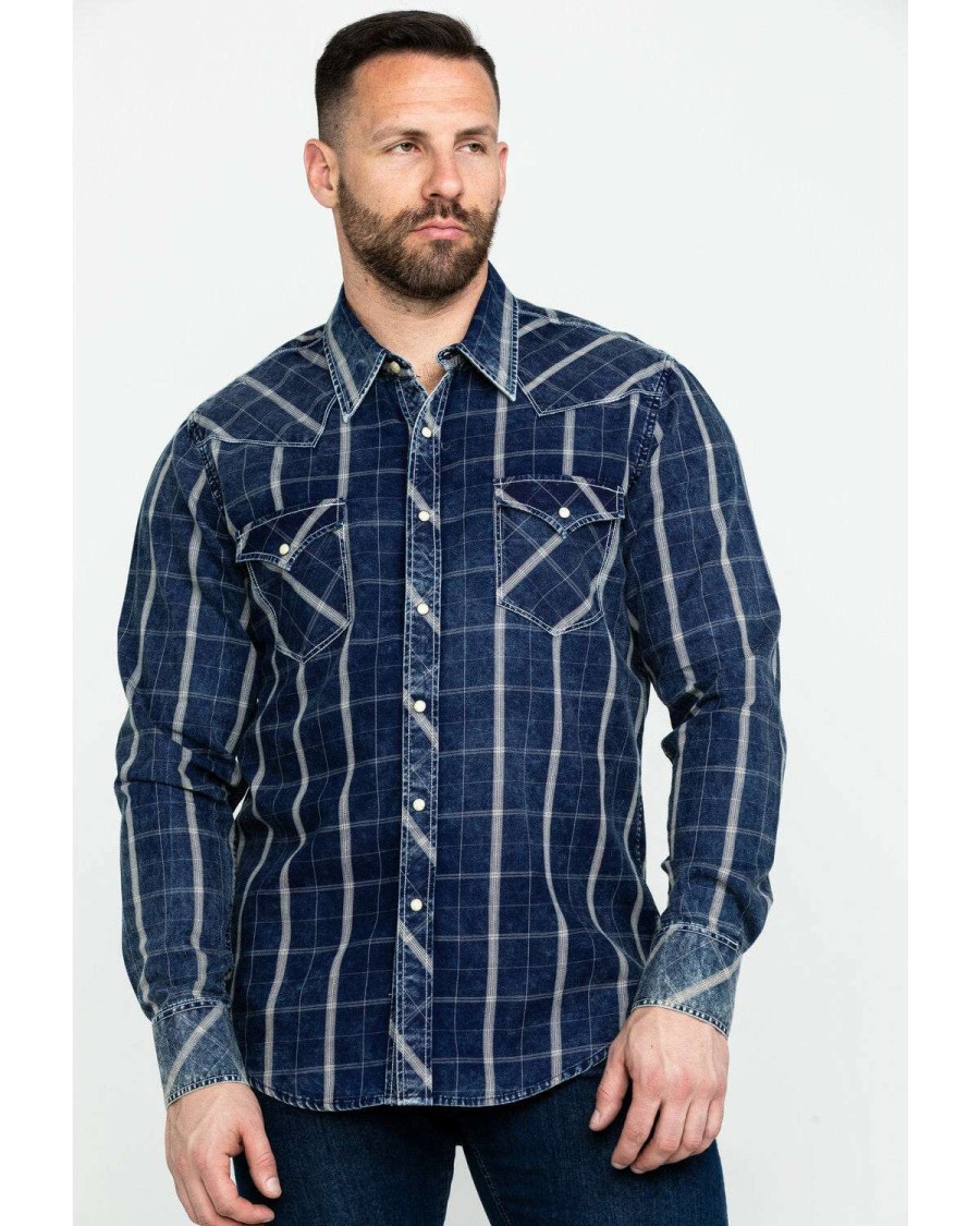 Shirts Rock & Roll Denim | Rock & Roll Denim Men'S Crinkle Plaid Long Sleeve Western Shirt Sale