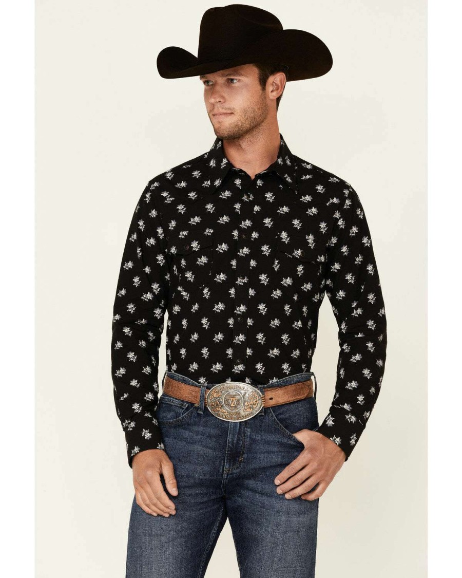 Shirts Rock & Roll Denim | Rock & Roll Denim Men'S Black Vintage Floral Print Long Sleeve Snap Western Shirt Outlet