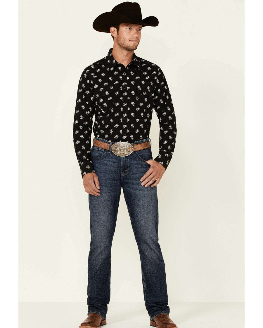 Shirts Rock & Roll Denim | Rock & Roll Denim Men'S Black Vintage Floral Print Long Sleeve Snap Western Shirt Outlet