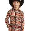 Shirts Rock & Roll Denim | Rock & Roll Denim Boys' Brown Southwestern Stripe Long Sleeve Snap Western Shirt Outlet