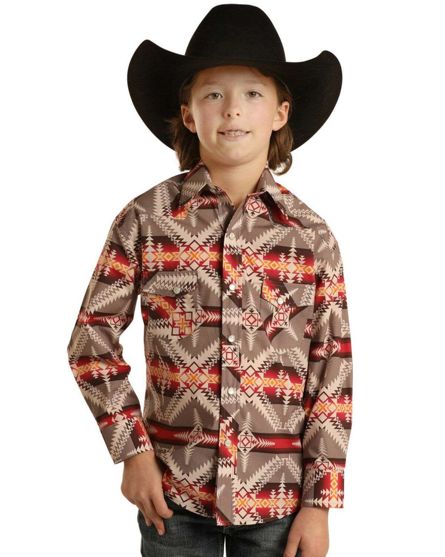 Shirts Rock & Roll Denim | Rock & Roll Denim Boys' Brown Southwestern Stripe Long Sleeve Snap Western Shirt Outlet