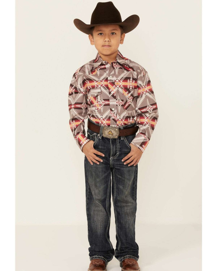 Shirts Rock & Roll Denim | Rock & Roll Denim Boys' Brown Southwestern Stripe Long Sleeve Snap Western Shirt Outlet