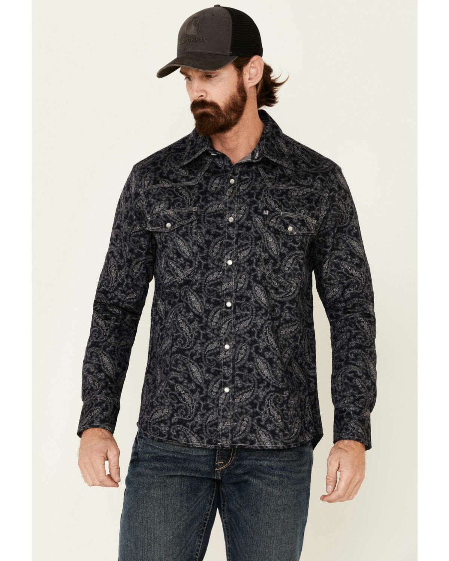 Shirts Rock & Roll Denim | Rock & Roll Denim Men'S Fr Black Paisley Long Sleeve Work Shirt Sale