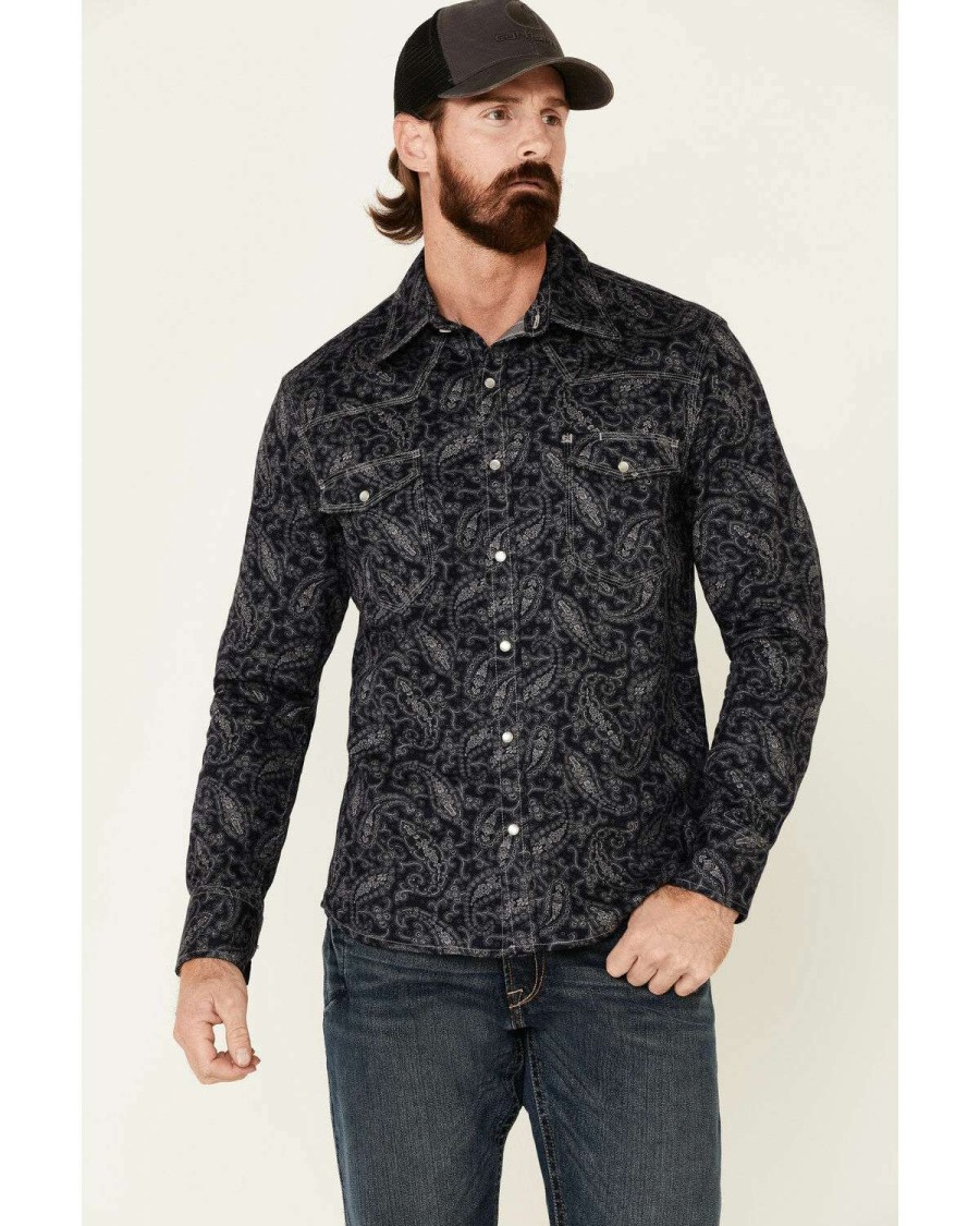 Shirts Rock & Roll Denim | Rock & Roll Denim Men'S Fr Black Paisley Long Sleeve Work Shirt Sale