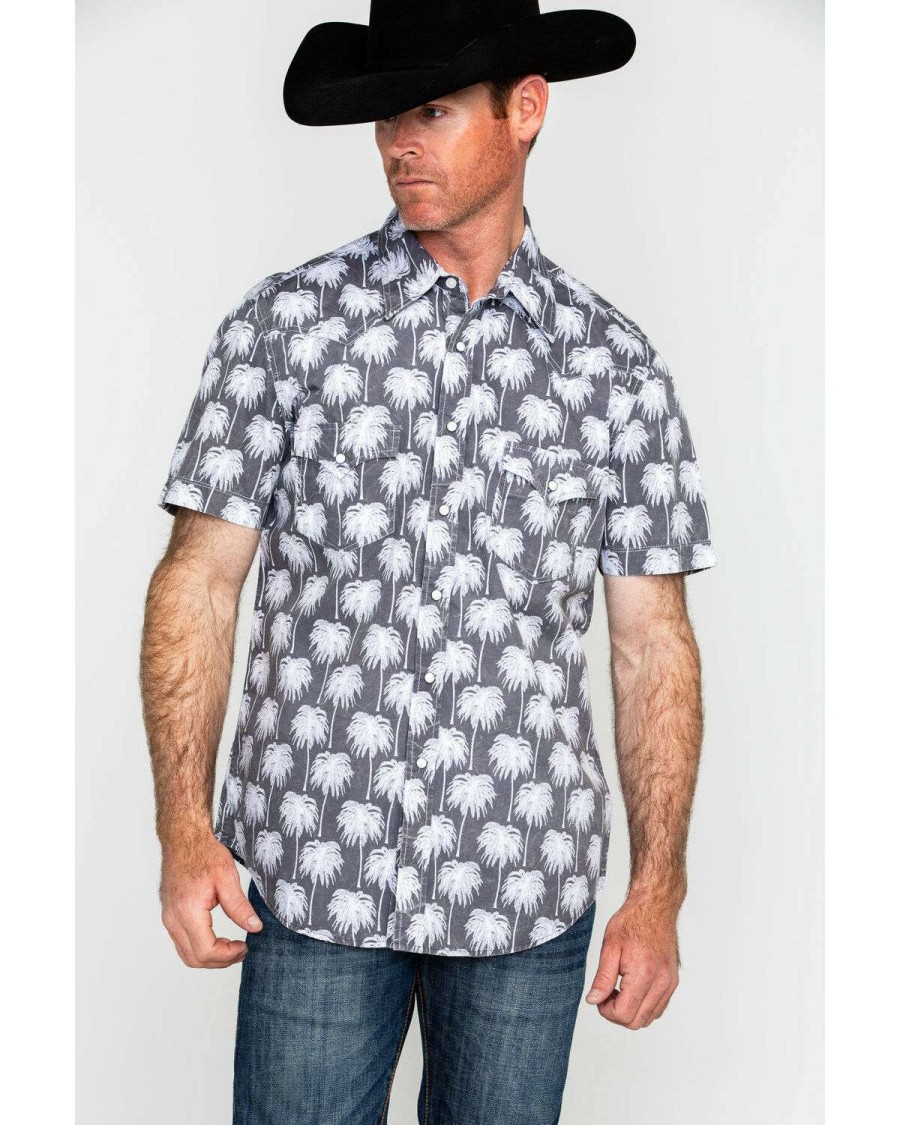 Shirts Rock & Roll Denim | Rock & Roll Denim Men'S Crinkle Washed Palm Print Short Sleeve Western Shirt Online