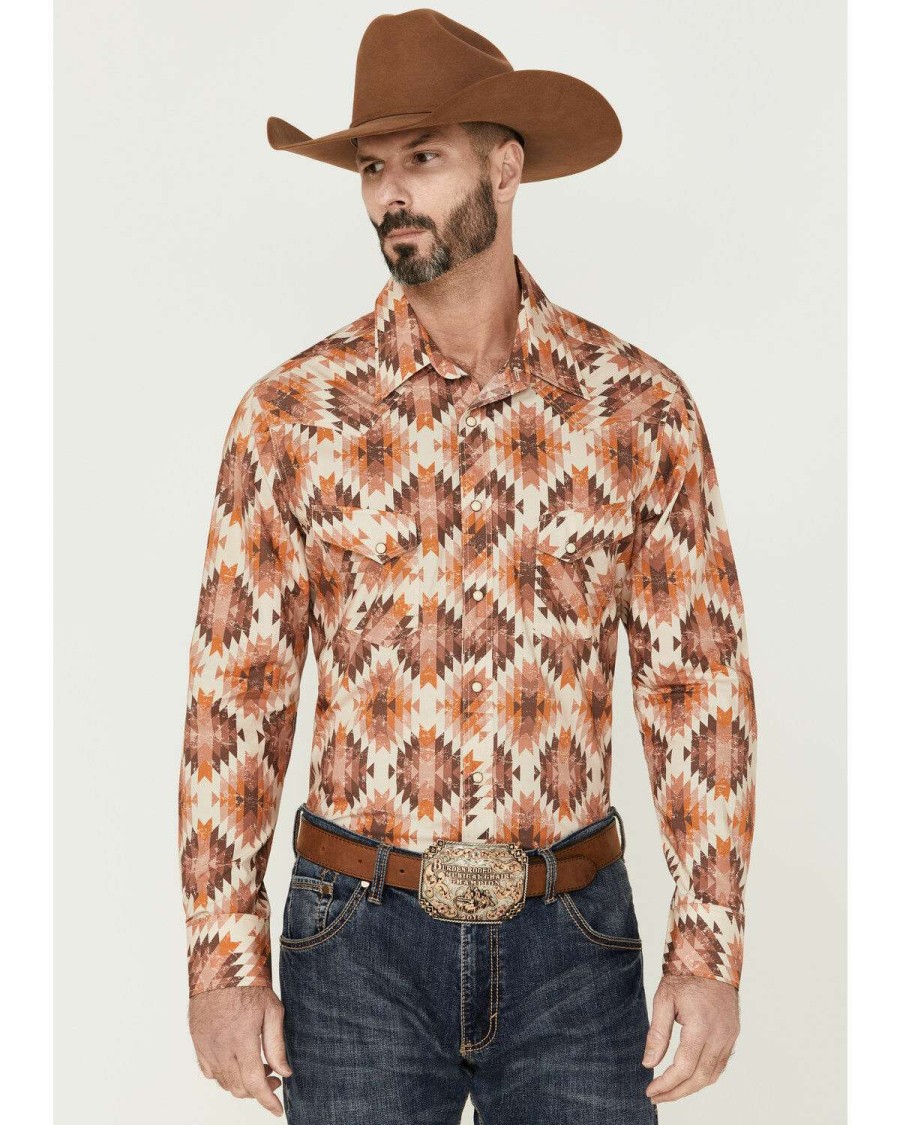 Shirts Rock & Roll Denim | Rock & Roll Denim Men'S Orange Southwestern Print Long Sleeve Snap Western Shirt Limited Edition