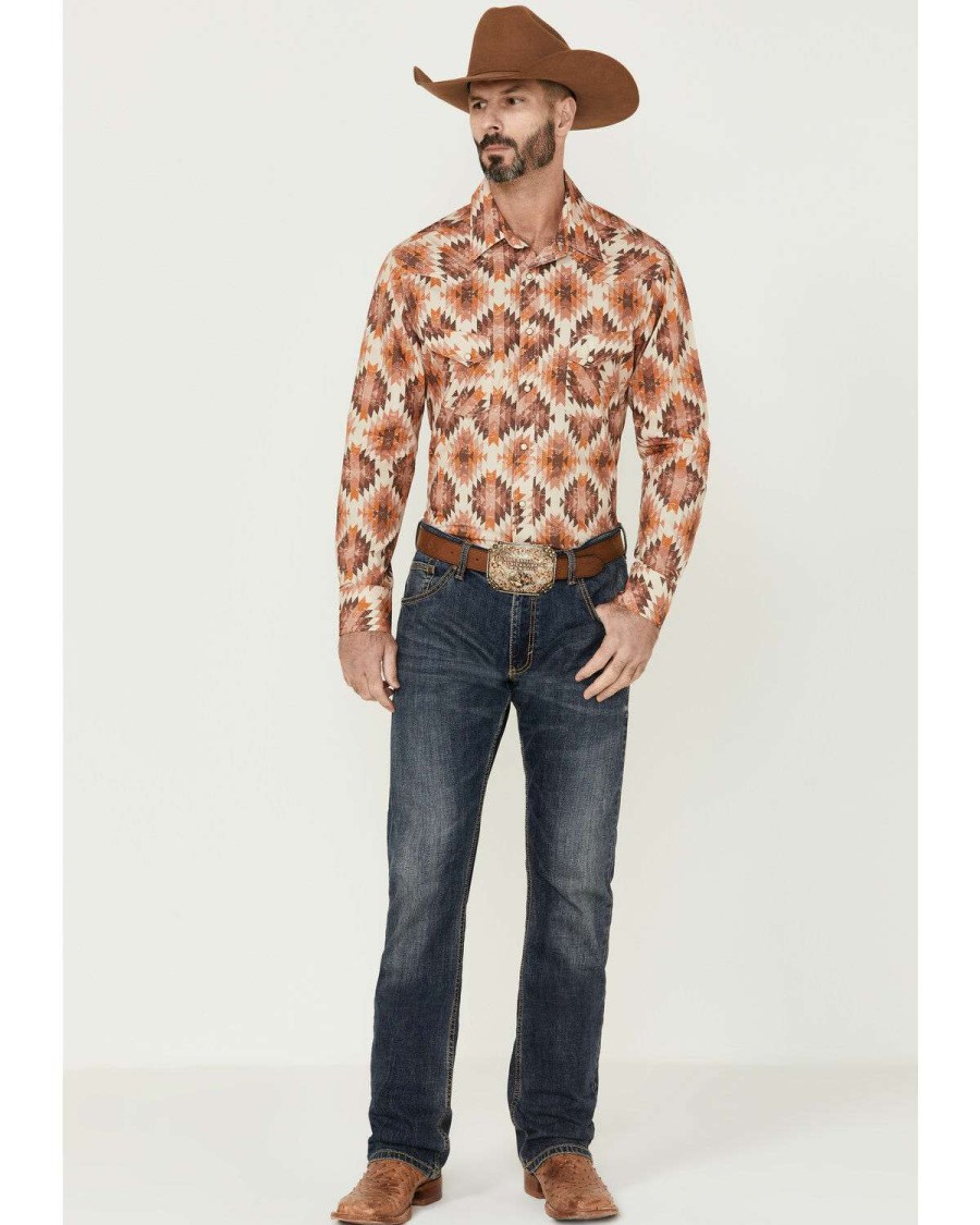 Shirts Rock & Roll Denim | Rock & Roll Denim Men'S Orange Southwestern Print Long Sleeve Snap Western Shirt Limited Edition