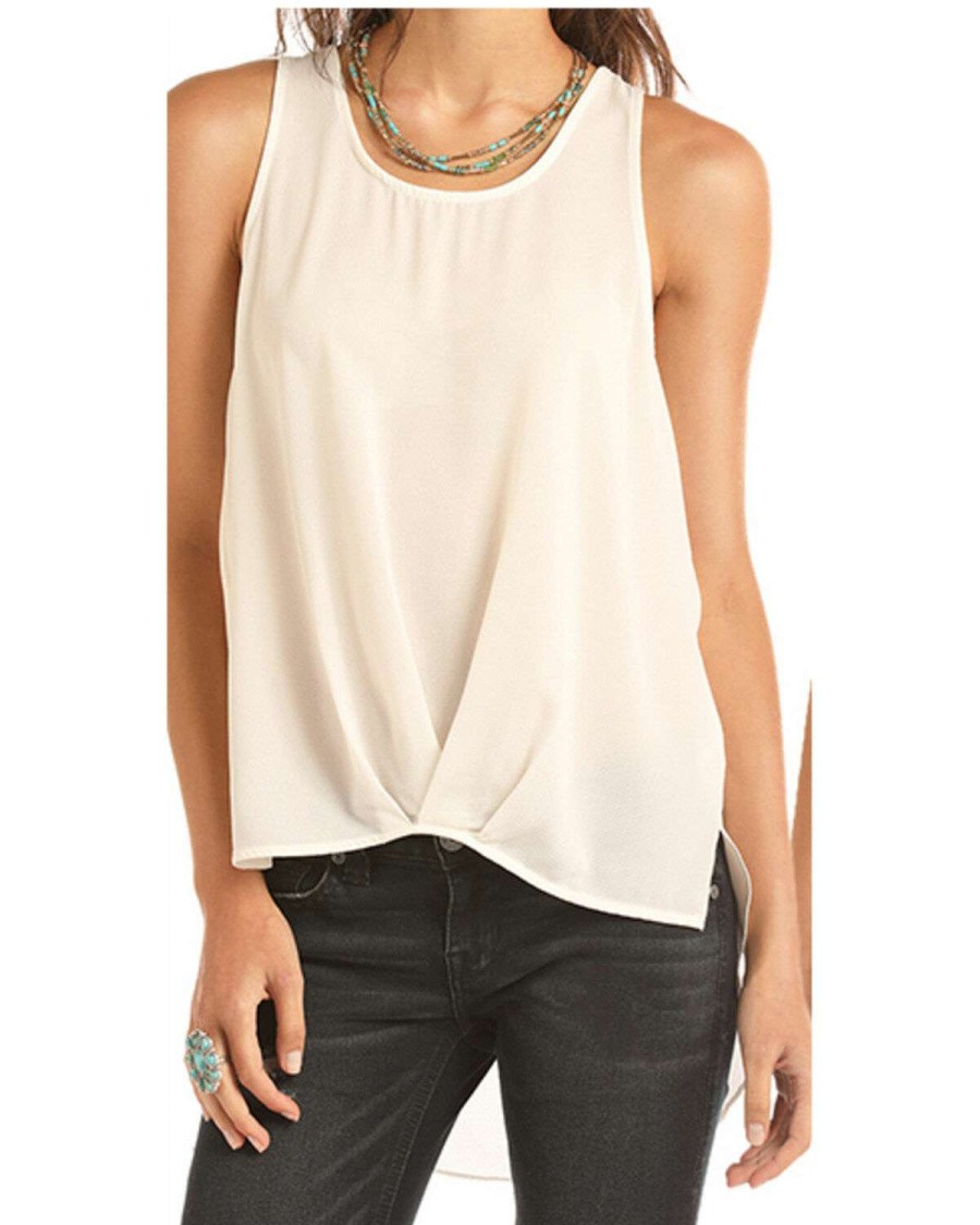 Tops Rock & Roll Denim | Rock & Roll Denim Women'S Ivory Pleated Tank Top Sale