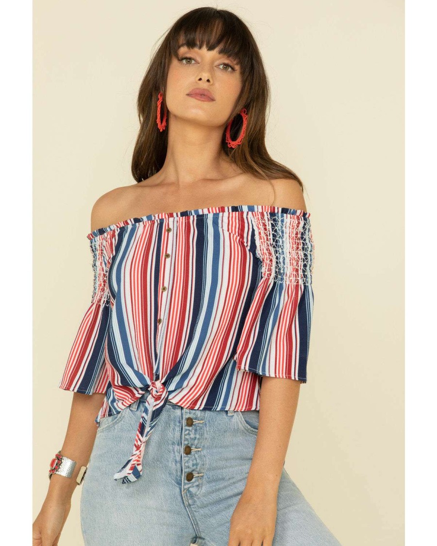 Tops Rock & Roll Denim | Rock & Roll Denim Women'S Americana Stripe Off Shoulder Crop Top Limited Edition