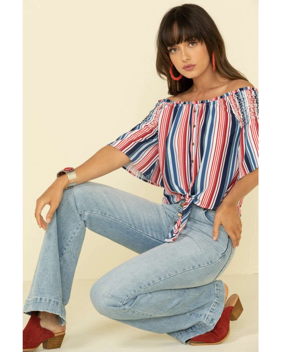 Tops Rock & Roll Denim | Rock & Roll Denim Women'S Americana Stripe Off Shoulder Crop Top Limited Edition