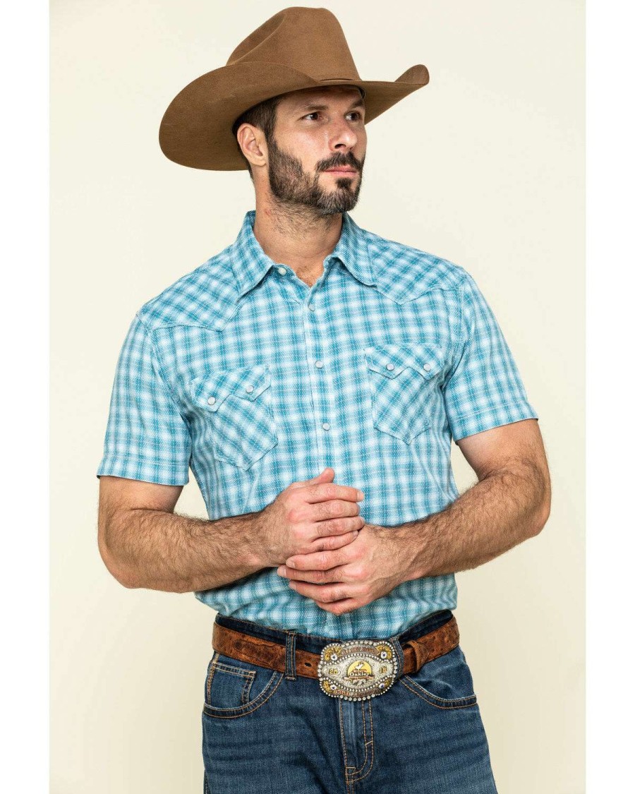 Shirts Rock & Roll Denim | Rock & Roll Denim Men'S Turquoise Small Plaid Short Sleeve Western Shirt Limited Edition