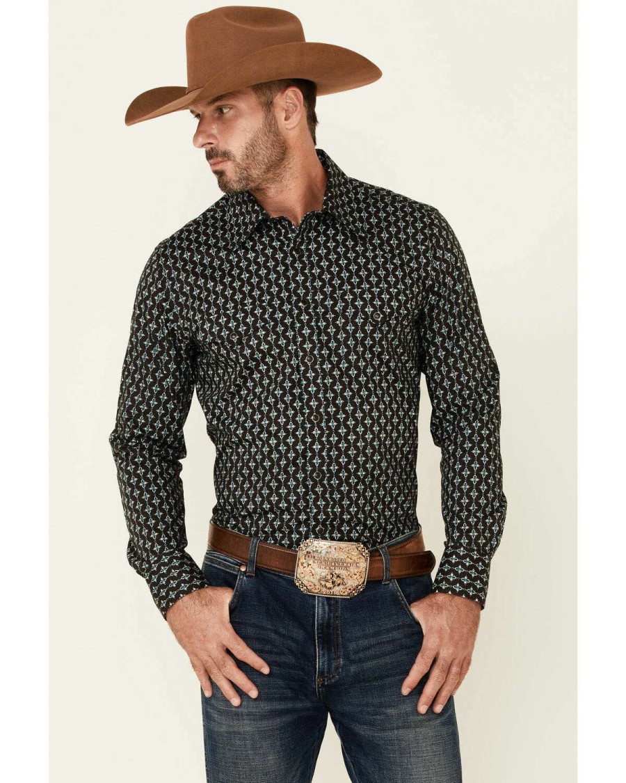 Shirts Rock & Roll Denim | Rock & Roll Denim Men'S Brown Southwestern Geo Print Long Sleeve Snap Western Shirt Online