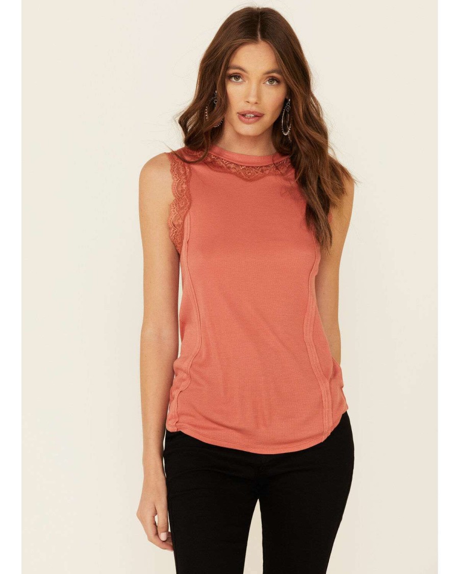 Tops Rock & Roll Denim | Rock & Roll Denim Women'S Coral High Neck Lace Inset Tank Top Outlet