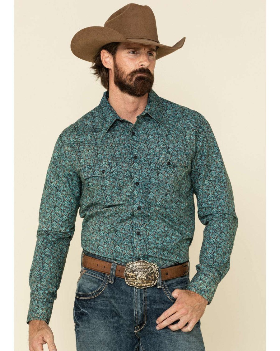 Shirts Rock & Roll Denim | Rock & Roll Denim Men'S Turquoise Floral Print Long Sleeve Western Shirt Limited Edition