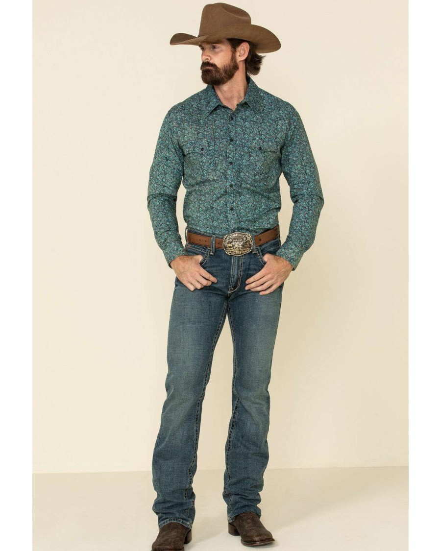 Shirts Rock & Roll Denim | Rock & Roll Denim Men'S Turquoise Floral Print Long Sleeve Western Shirt Limited Edition