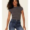 Tops Rock & Roll Denim | Rock & Roll Denim Women'S Charcoal Ribbed Mock-Neck Short Sleeve Crop Top Online