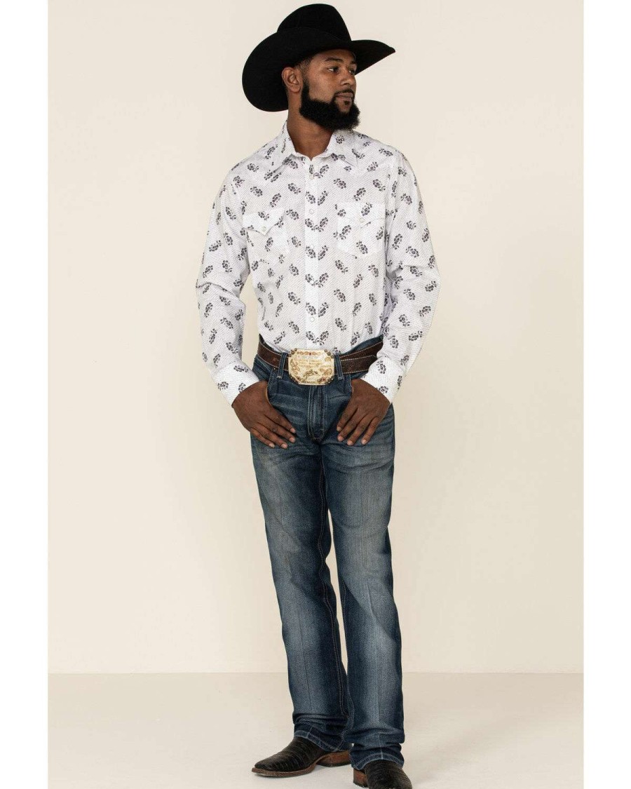 Shirts Rock & Roll Denim | Rock & Roll Denim Men'S White Floral Print Long Sleeve Western Shirt Online