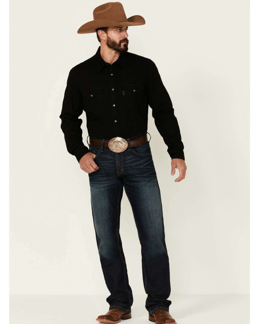 Shirts Rock & Roll Denim | Rock & Roll Denim Men'S Solid Black Denim Long Sleeve Snap Western Shirt Sale