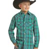 Shirts Rock & Roll Denim | Rock & Roll Denim Boys' Teal Plaid Long Sleeve Western Shirt Limited Edition