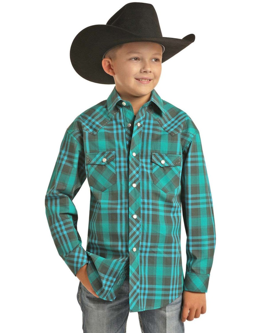 Shirts Rock & Roll Denim | Rock & Roll Denim Boys' Teal Plaid Long Sleeve Western Shirt Limited Edition