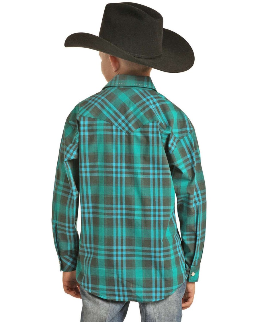 Shirts Rock & Roll Denim | Rock & Roll Denim Boys' Teal Plaid Long Sleeve Western Shirt Limited Edition