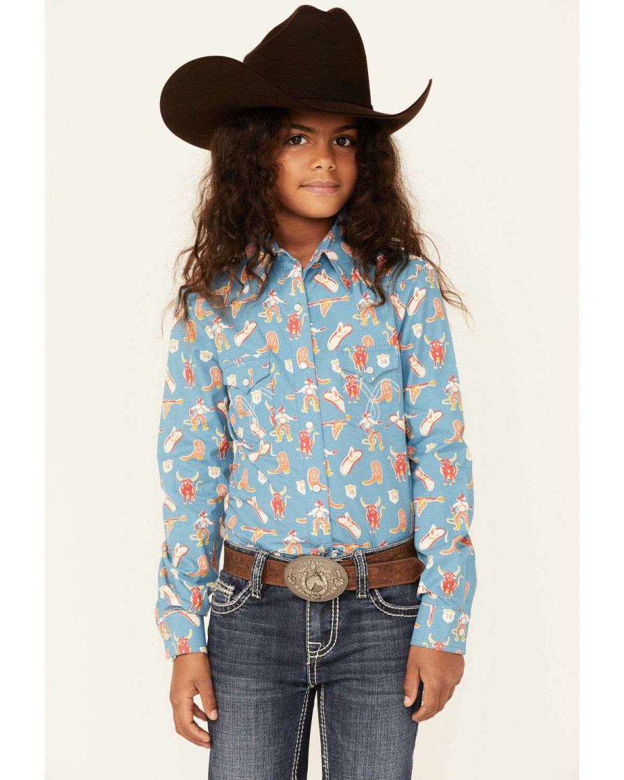 Shirts Rock & Roll Denim | Rock & Roll Denim Girls' Steer Print Long Sleeve Western Shirt Limited Edition