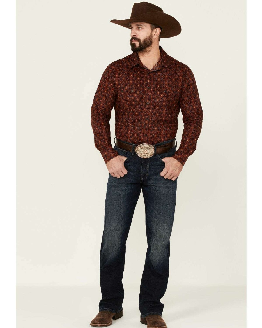 Shirts Rock & Roll Denim | Rock & Roll Denim Men'S Medallion Geo Print Dark Orange Long Sleeve Snap Western Shirt Outlet