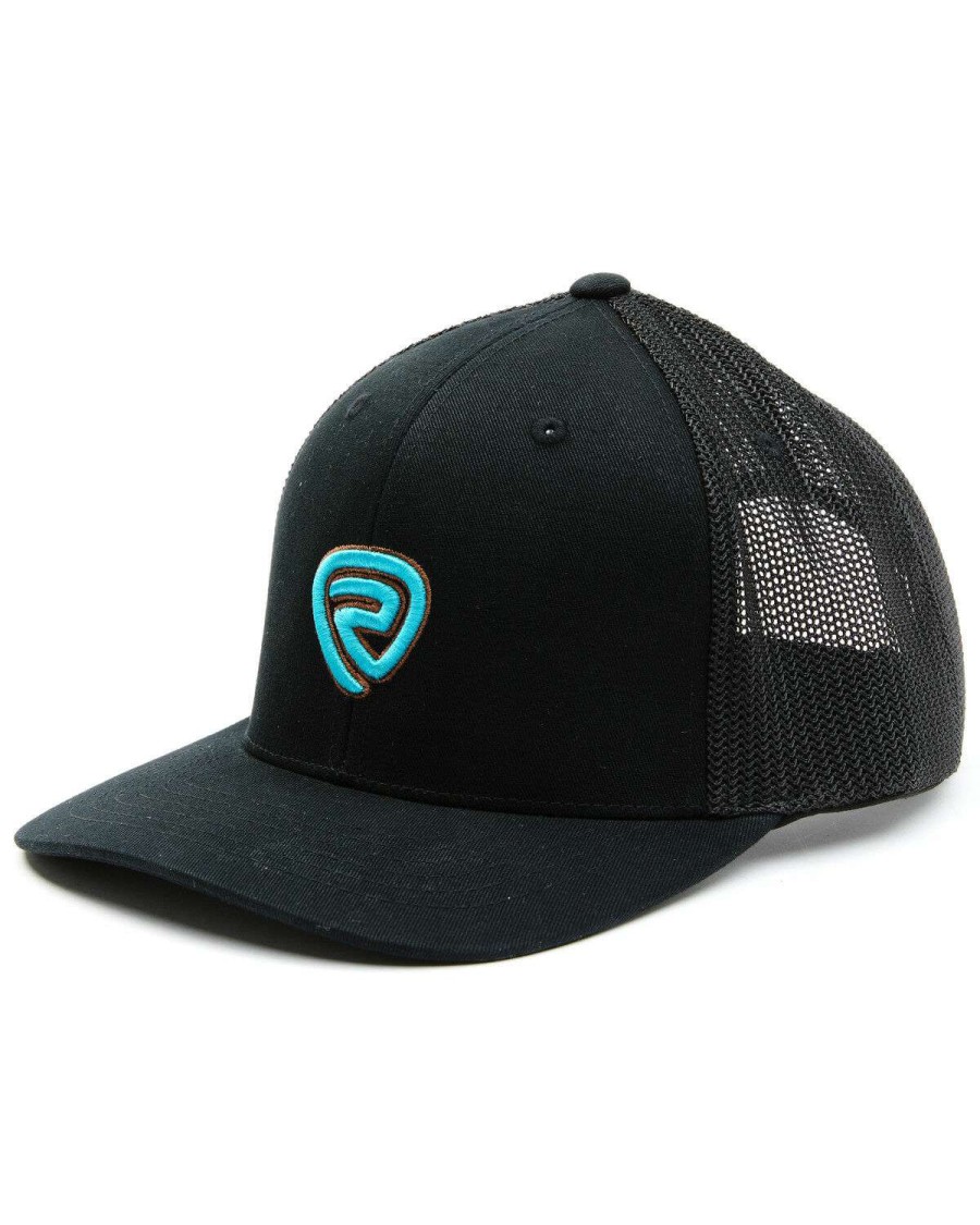 Caps Rock & Roll Denim | Rock & Roll Denim Men'S Black & Turquoise Embroidered Logo Mesh-Back Ball Cap Sale