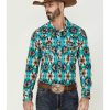 Shirts Rock & Roll Denim | Rock & Roll Denim Men'S Teal Southwestern Print Long Sleeve Snap Western Shirt Online