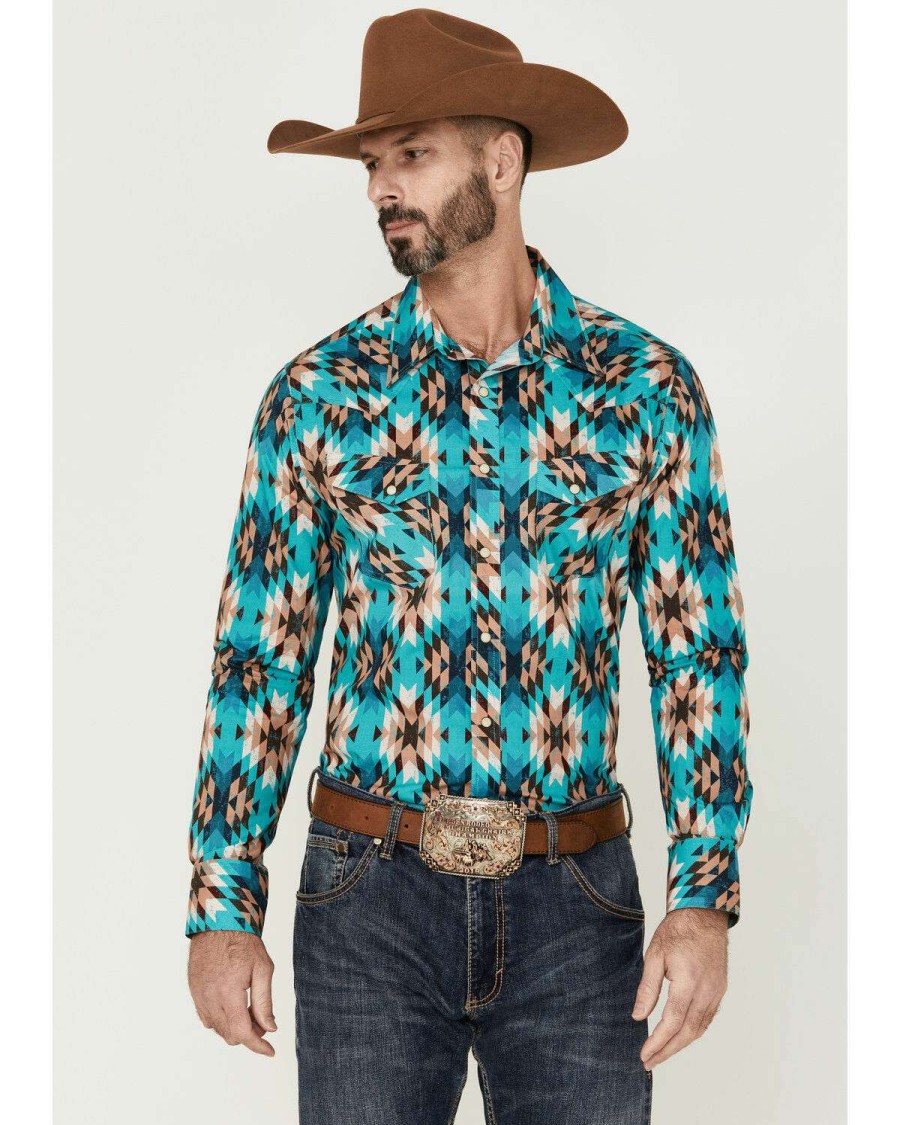 Shirts Rock & Roll Denim | Rock & Roll Denim Men'S Teal Southwestern Print Long Sleeve Snap Western Shirt Online