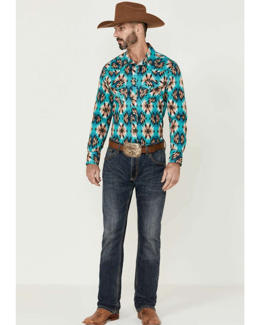 Shirts Rock & Roll Denim | Rock & Roll Denim Men'S Teal Southwestern Print Long Sleeve Snap Western Shirt Online