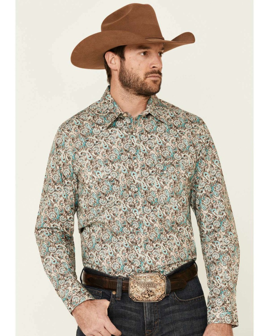 Shirts Rock & Roll Denim | Rock & Roll Denim Men'S Teal Paisley Print Long Sleeve Western Shirt Sale