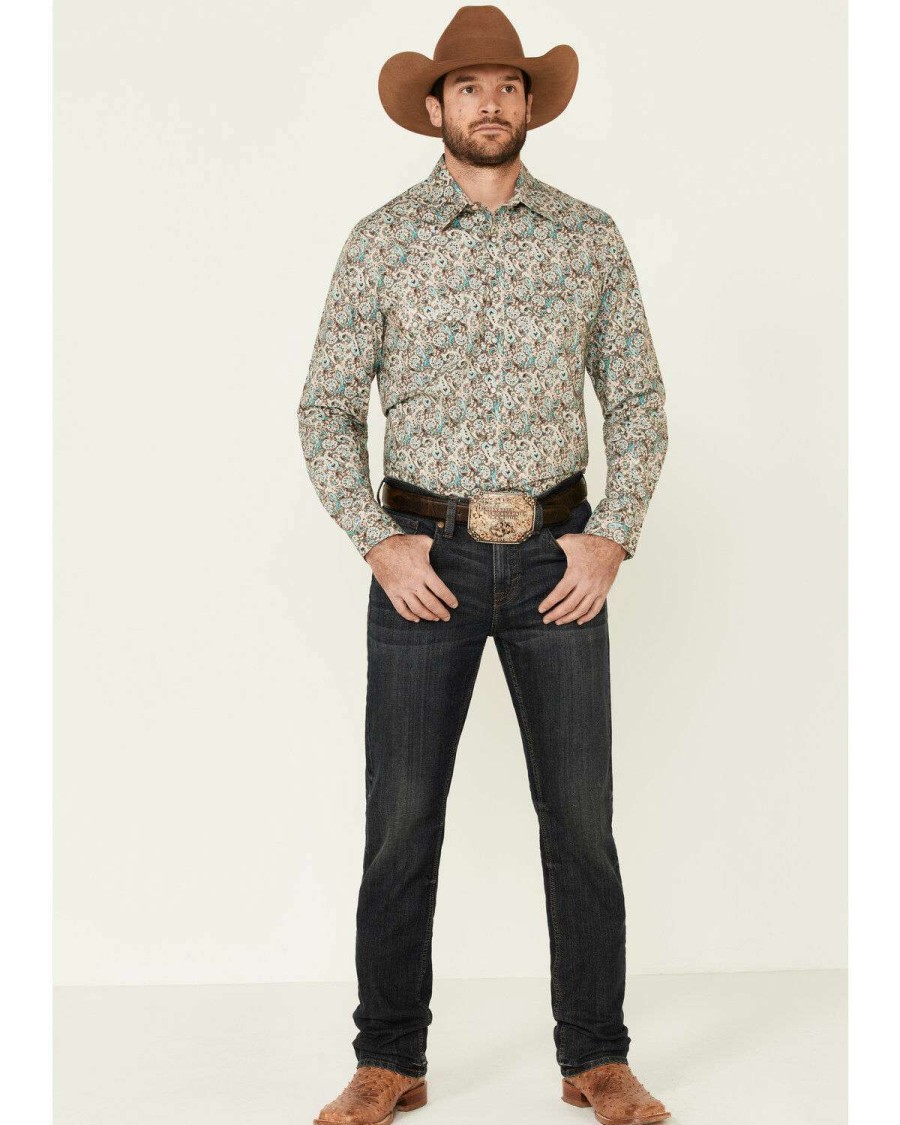 Shirts Rock & Roll Denim | Rock & Roll Denim Men'S Teal Paisley Print Long Sleeve Western Shirt Sale