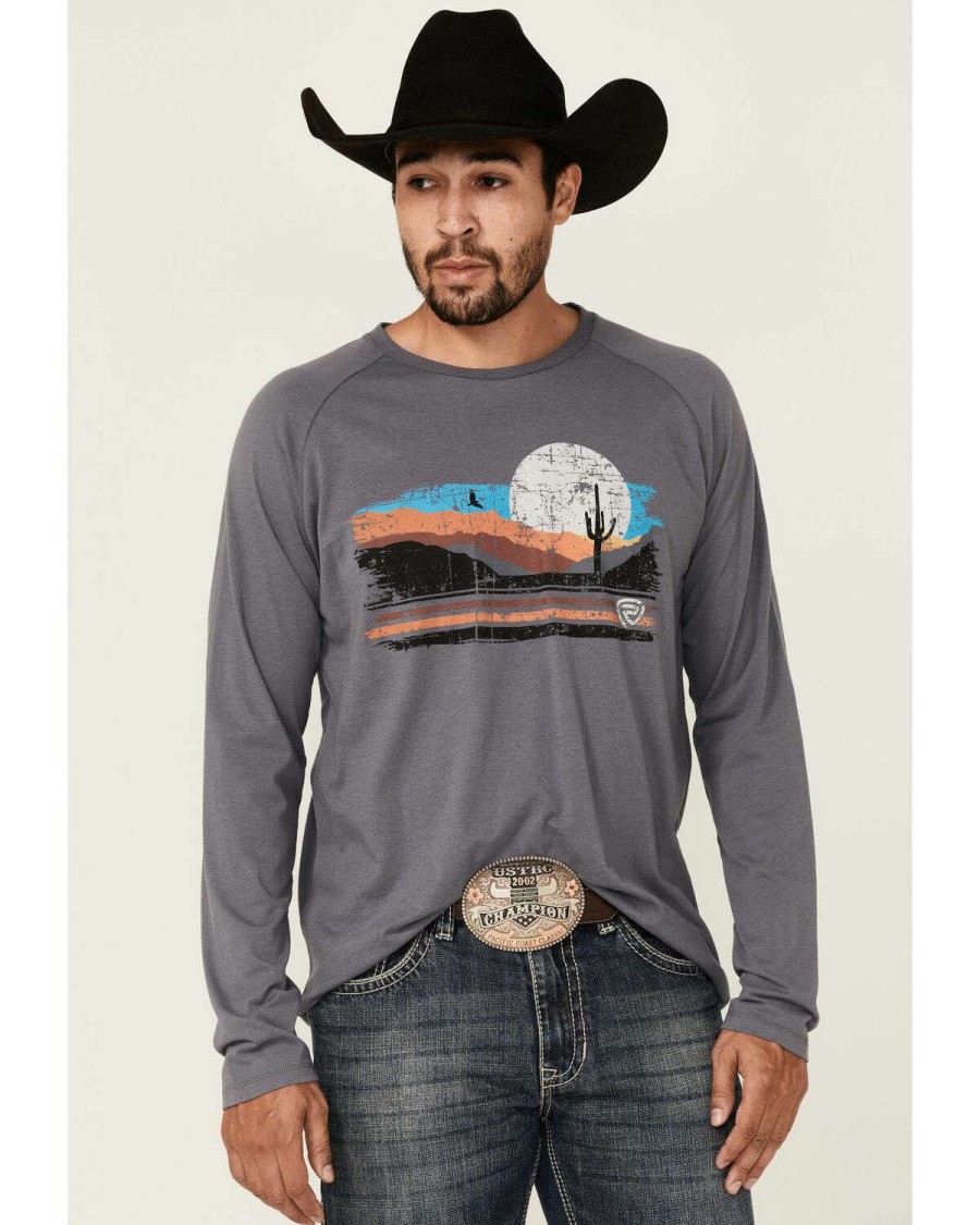 Shirts Rock & Roll Denim | Rock & Roll Denim Men'S Dark Grey Desert Graphic Long Sleeve T-Shirt Sale