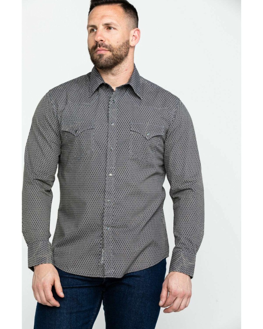 Shirts Rock & Roll Denim | Rock & Roll Denim Men'S Brown Washed Poplin Print Long Sleeve Western Shirt Sale