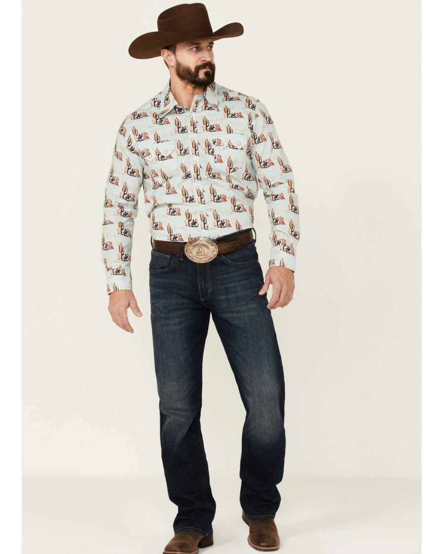 Shirts Rock & Roll Denim | Rock & Roll Denim Men'S Desert Conversational Print Agua Long Sleeve Snap Western Shirt Online