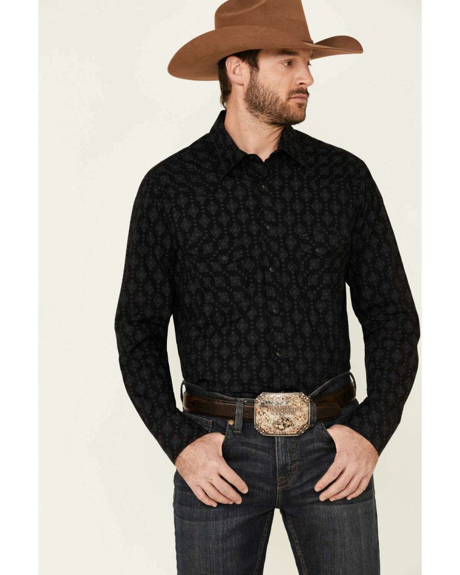 Shirts Rock & Roll Denim | Rock & Roll Denim Men'S Black Medallion Print Long Sleeve Western Shirt Online