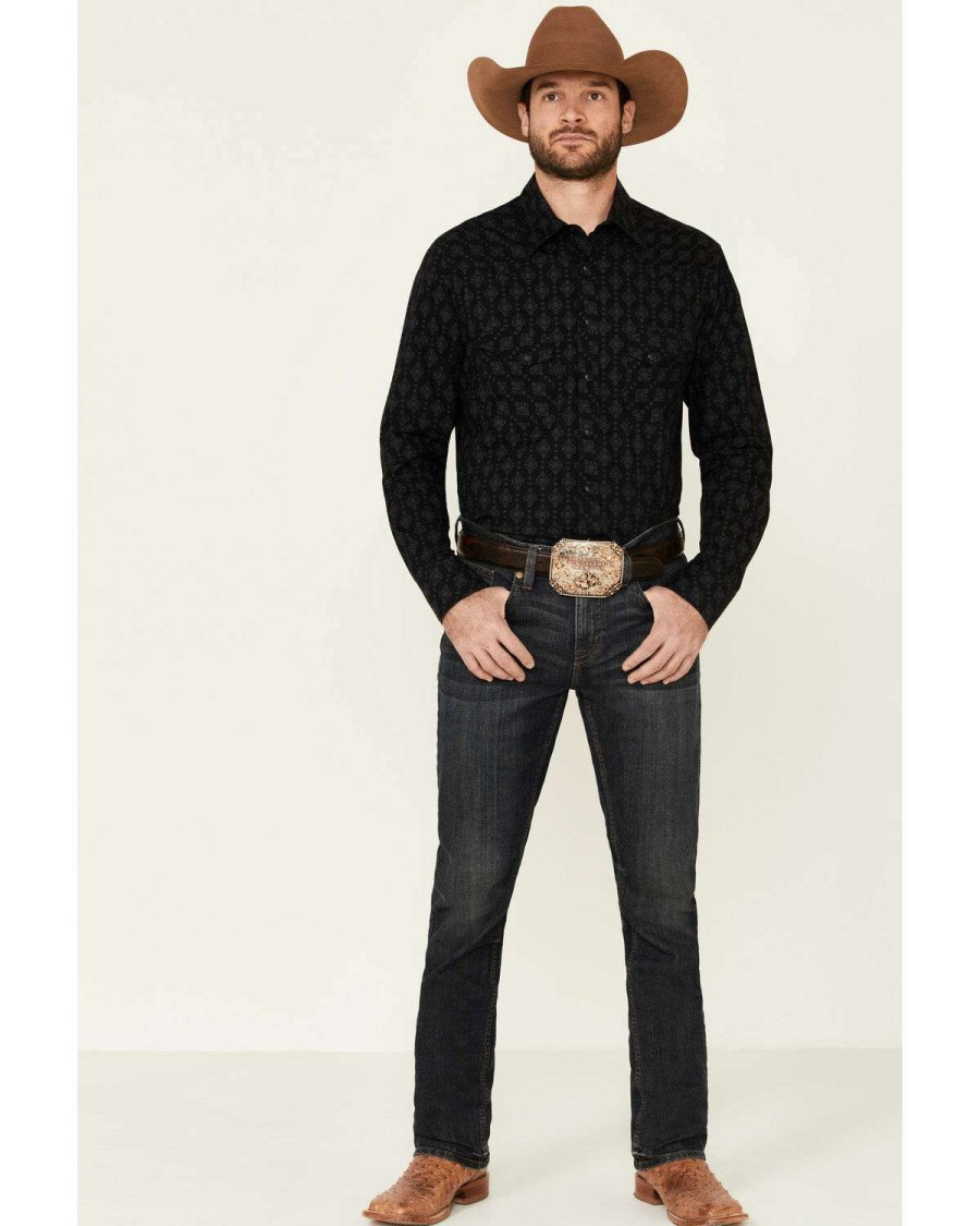 Shirts Rock & Roll Denim | Rock & Roll Denim Men'S Black Medallion Print Long Sleeve Western Shirt Online