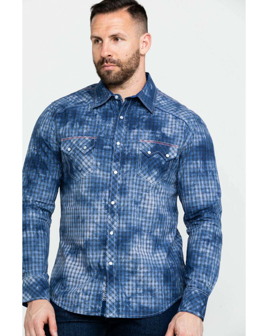 Shirts Rock & Roll Denim | Rock & Roll Denim Men'S Spray Washed Satin Plaid Long Sleeve Western Shirt Online