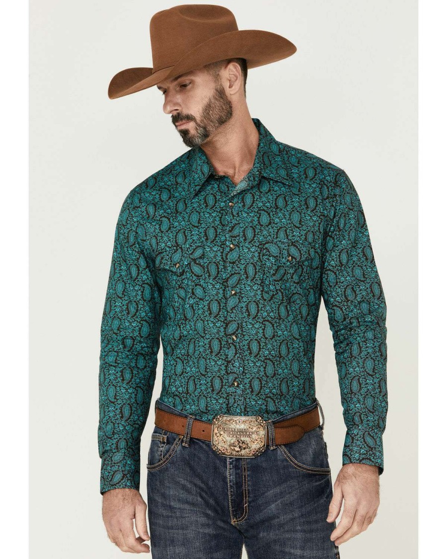 Shirts Rock & Roll Denim | Rock & Roll Denim Men'S Aqua & Brown Paisley Print Long Sleeve Snap Western Shirt Outlet