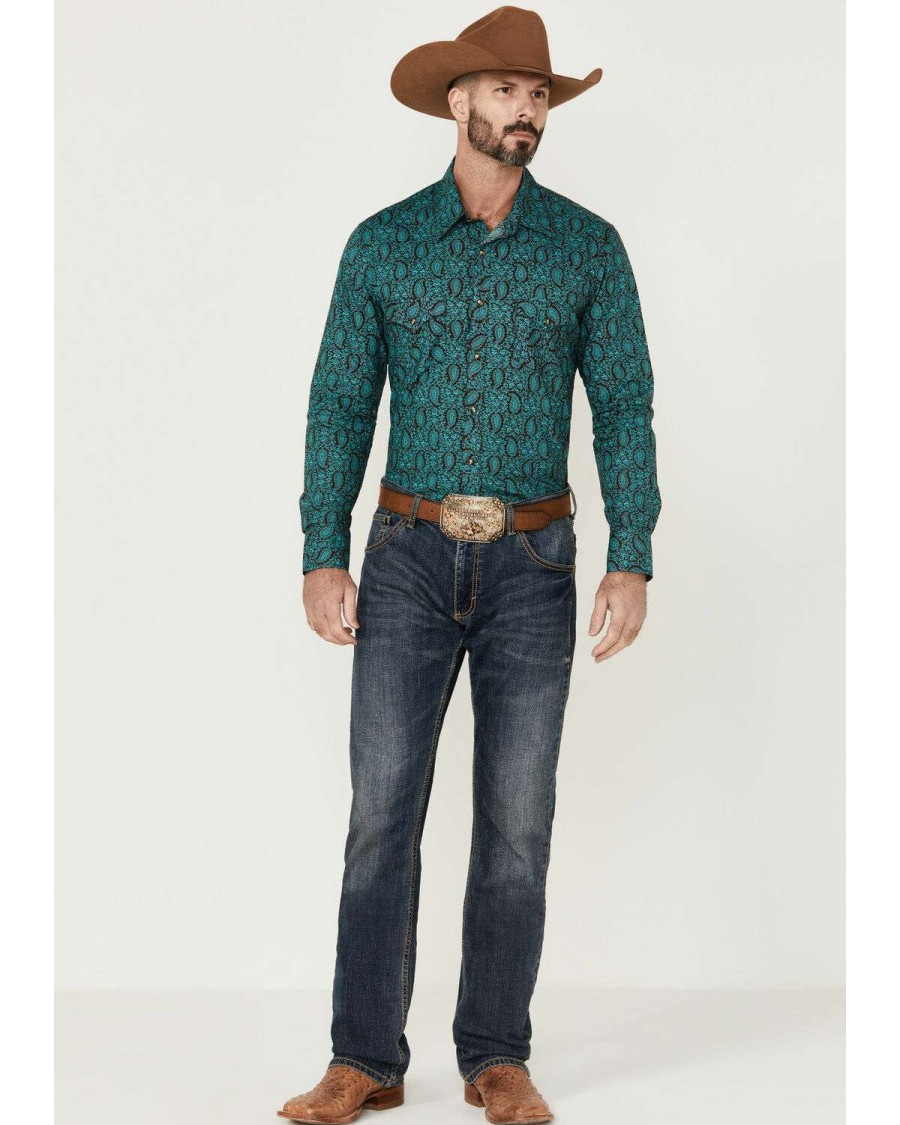 Shirts Rock & Roll Denim | Rock & Roll Denim Men'S Aqua & Brown Paisley Print Long Sleeve Snap Western Shirt Outlet