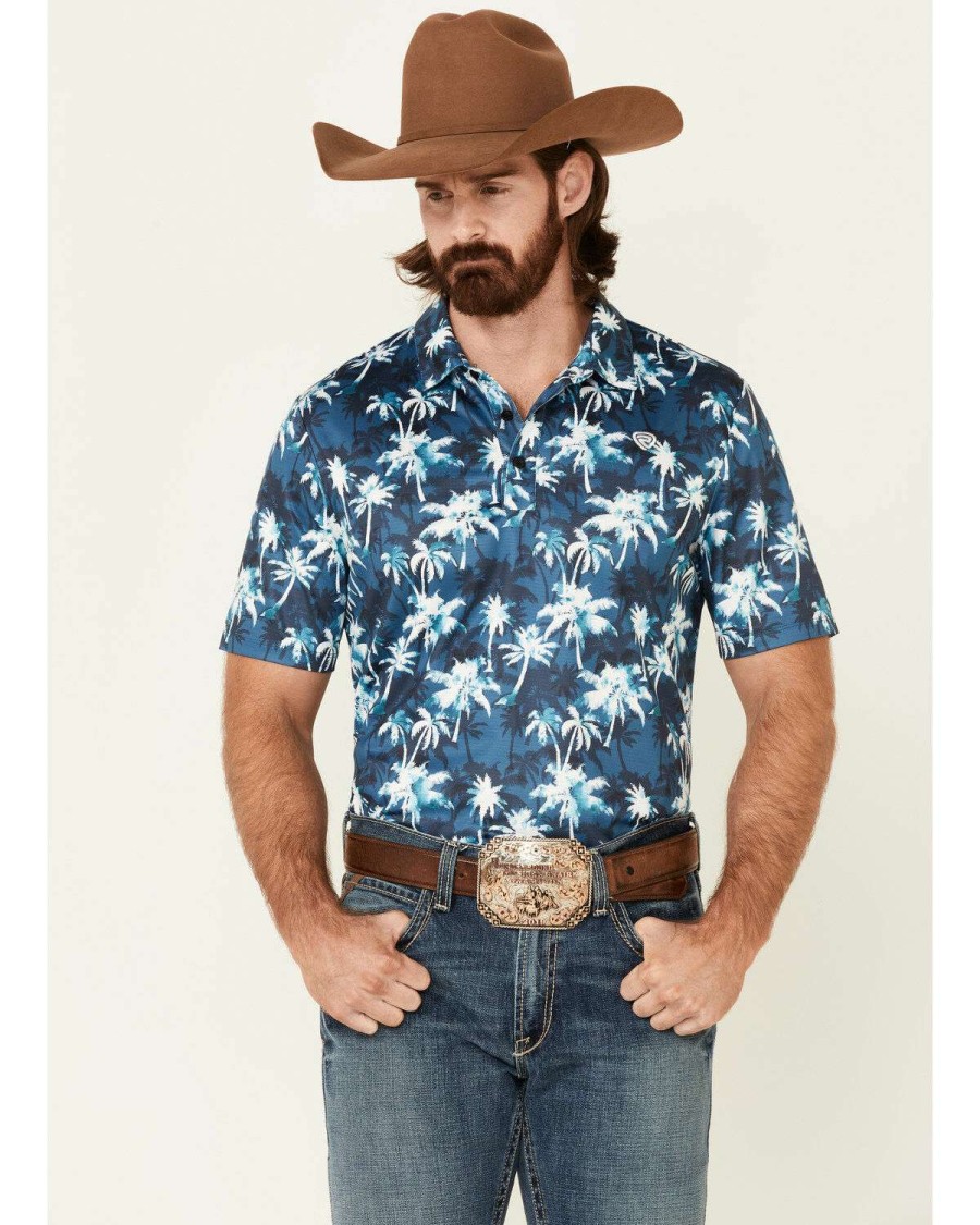 Shirts Rock & Roll Denim | Rock & Roll Denim Men'S Palm Tree Print Short Sleeve Polo Shirt Outlet