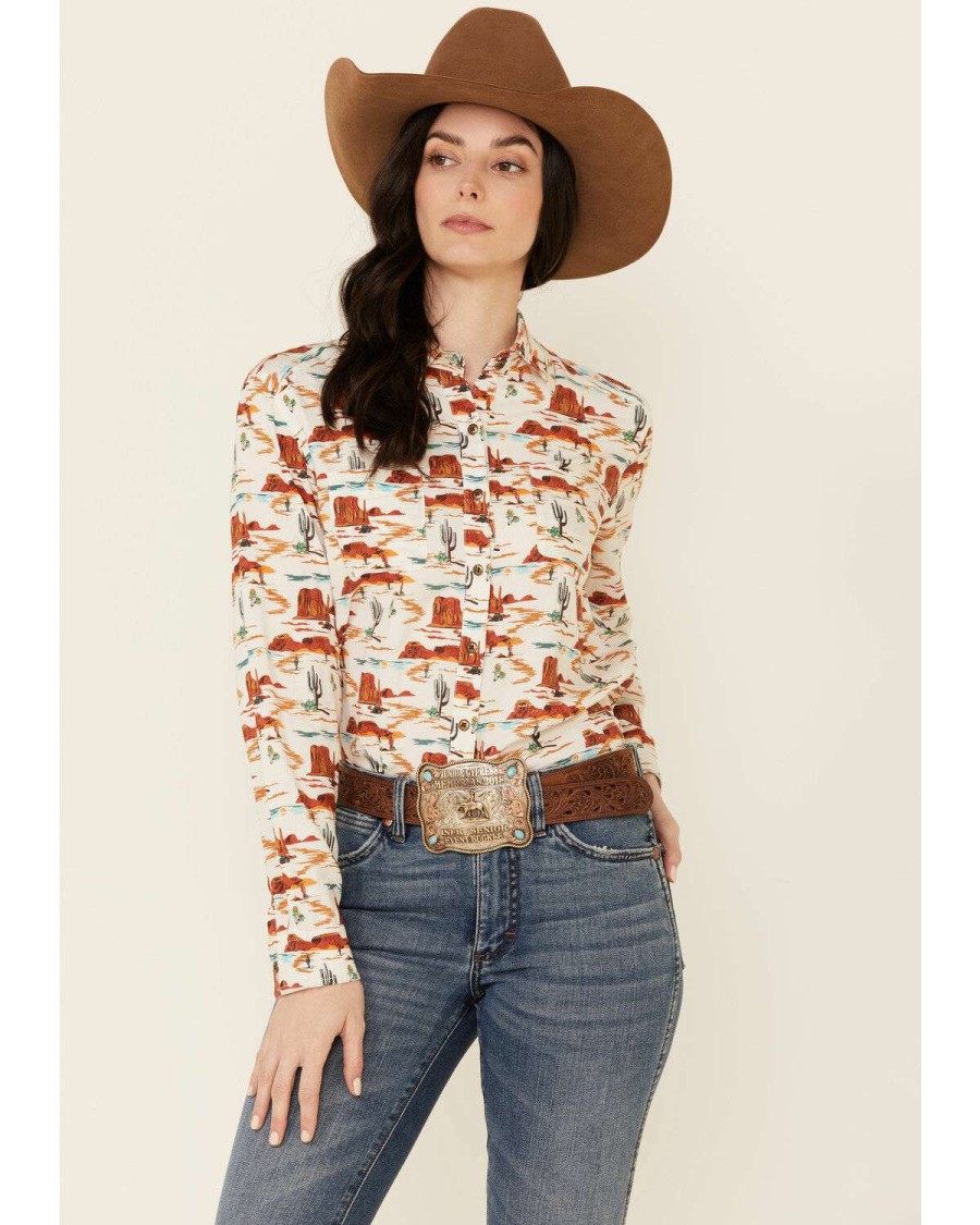 Shirts Rock & Roll Denim | Rock & Roll Denim Women'S Tan Desert Print Long Sleeve Snap Western Core Shirt Online