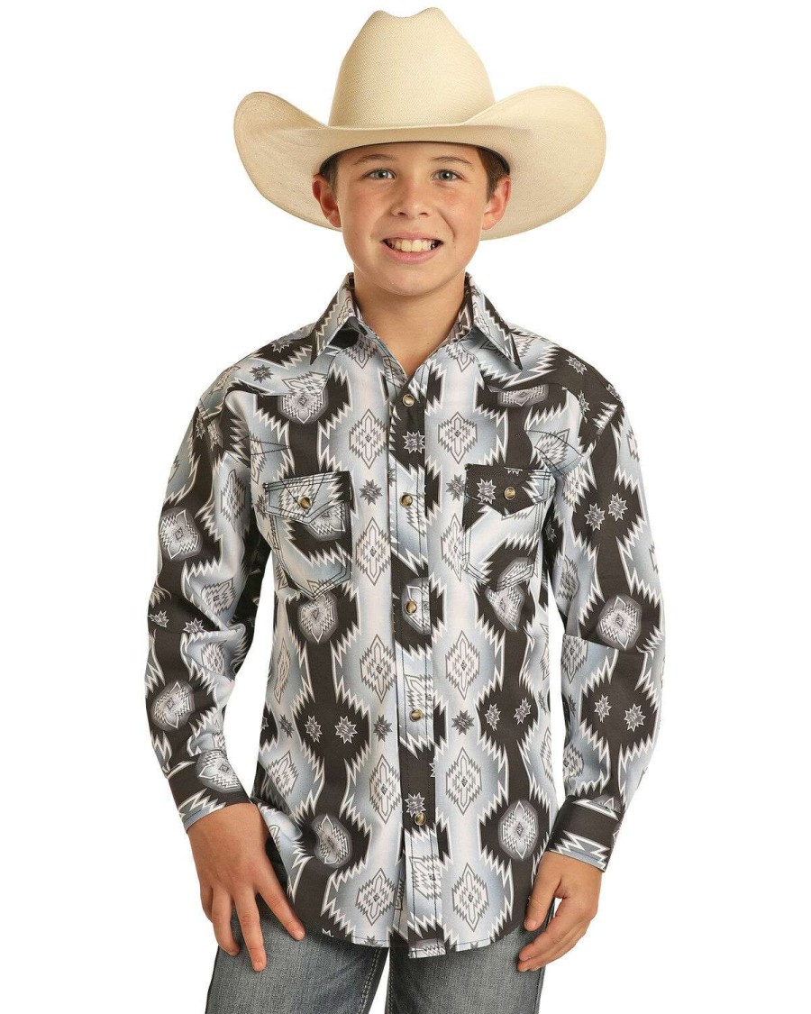 Shirts Rock & Roll Denim | Rock & Roll Denim Boys' Black Southwestern Print Long Sleeve Snap Western Shirt Sale