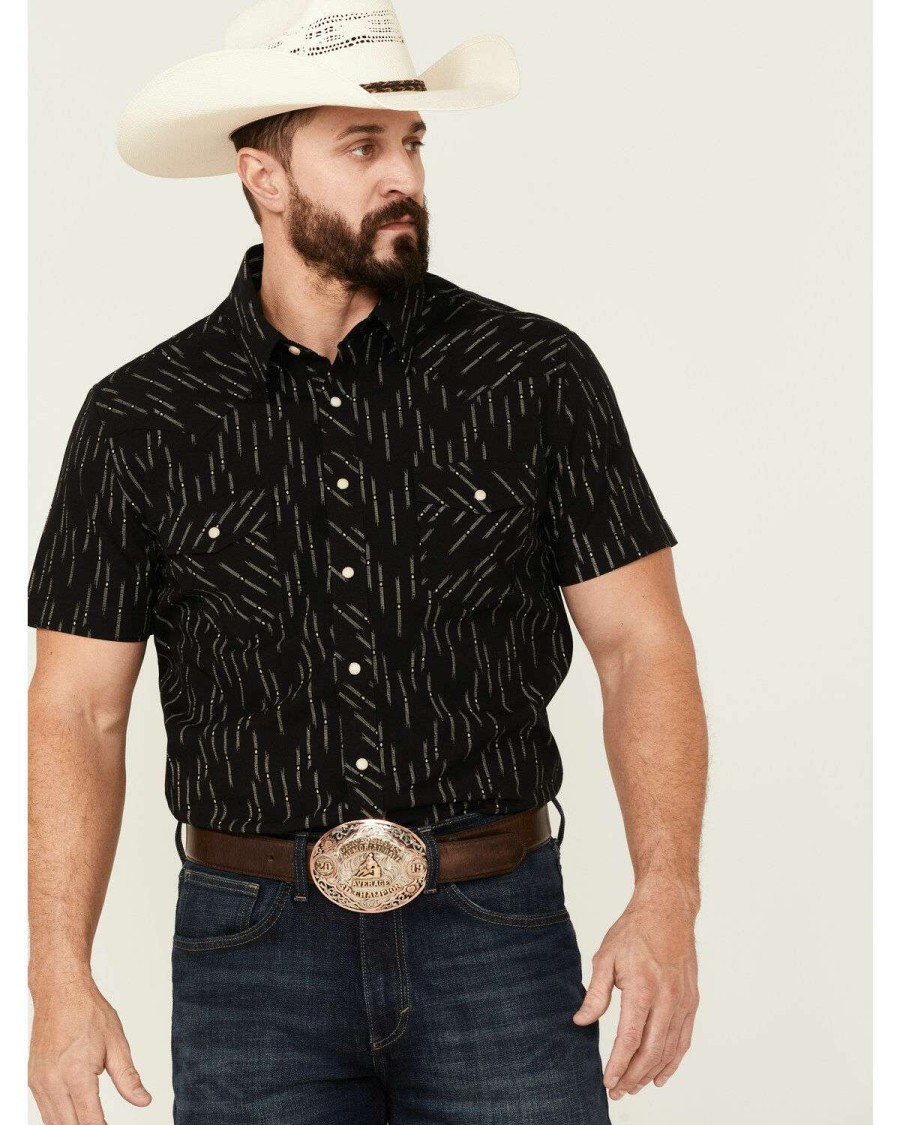 Shirts Rock & Roll Denim | Rock & Roll Denim Men'S Vintage Diamond Geo Print Short Sleeve Snap Black Western Shirt Sale