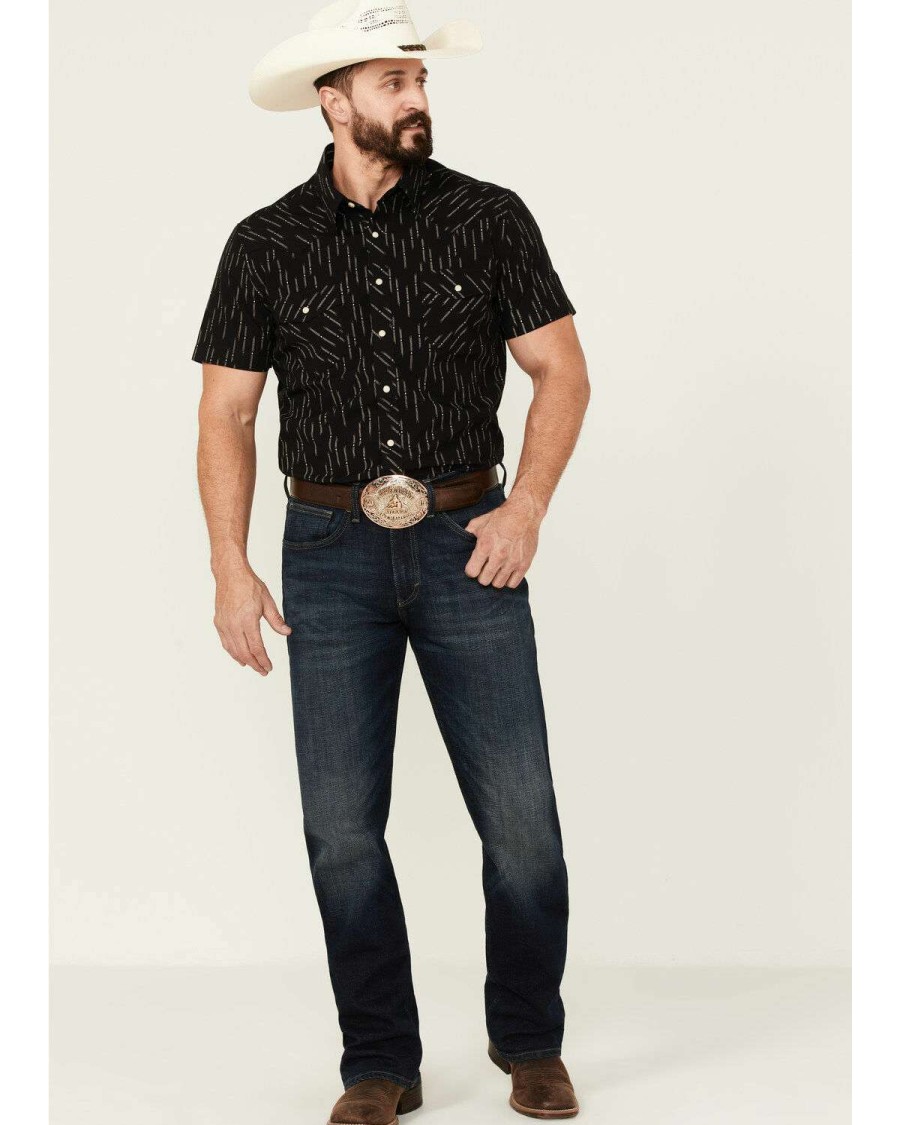 Shirts Rock & Roll Denim | Rock & Roll Denim Men'S Vintage Diamond Geo Print Short Sleeve Snap Black Western Shirt Sale