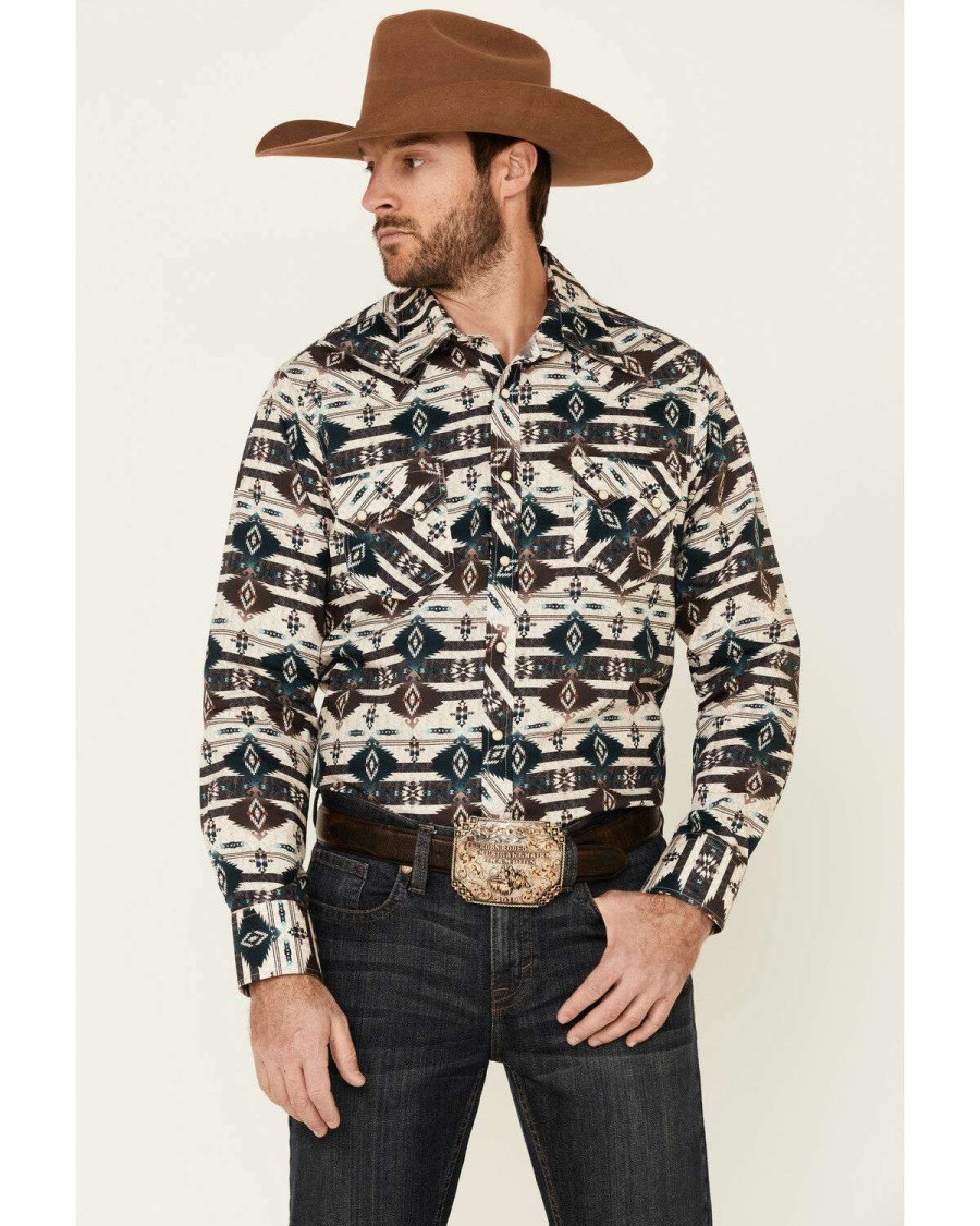 Shirts Rock & Roll Denim | Rock & Roll Denim Men'S Teal Southwestern Print Snap Long Sleeve Western Shirt Online