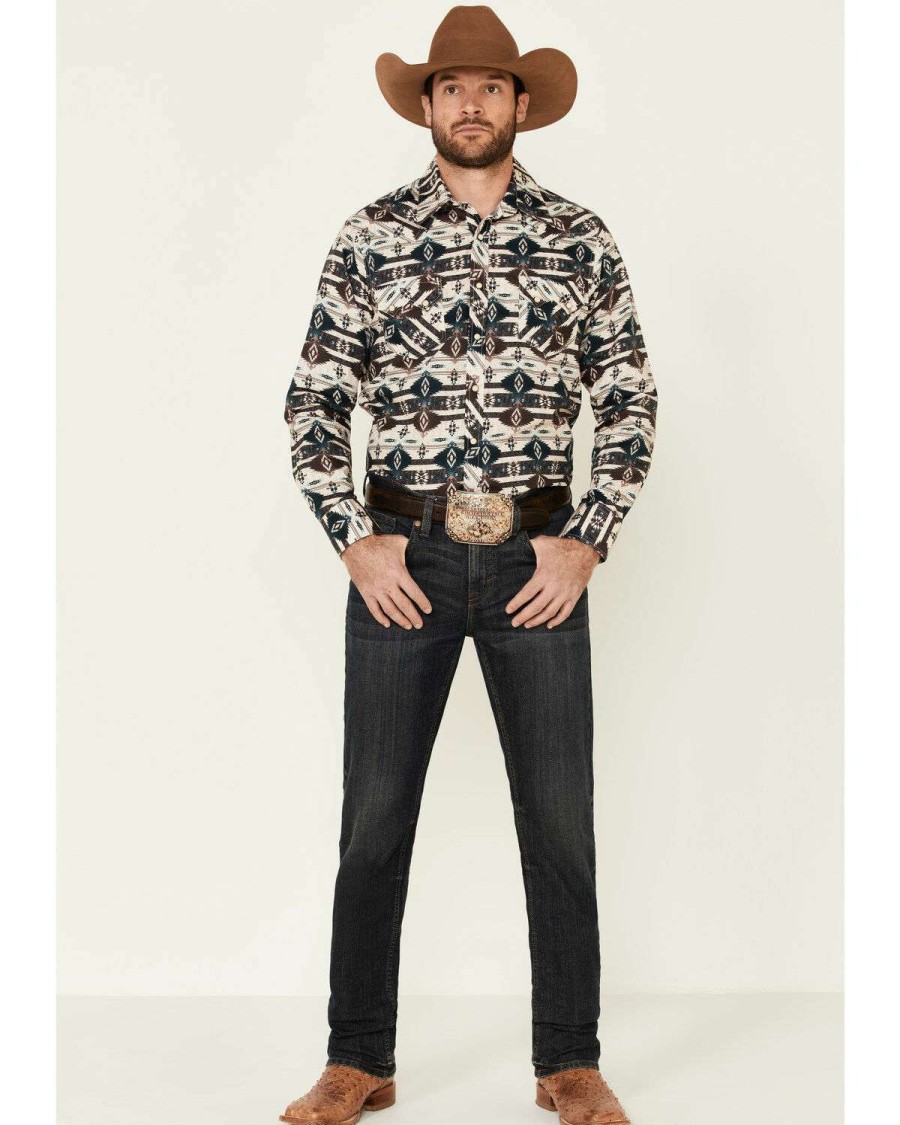 Shirts Rock & Roll Denim | Rock & Roll Denim Men'S Teal Southwestern Print Snap Long Sleeve Western Shirt Online